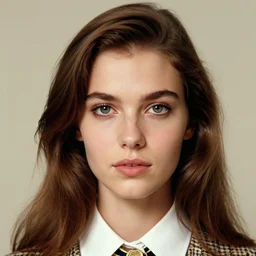 “ beautiful brown hair model close up wearing shirt and skirt, 1 9 6 0 ’ s fashion, 1 5 0 mm f 2. 8, face shot, hasselblad, photo by brian ingram, david lazar, lisa kristine, steve mccurry, high quality, symmetrical face, clear skin, 4 k, studio and dramatic lighting ”