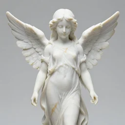 a statue made of marble with gold veins, of an beautiful angel girl, perfect symmetrical body, perfect symmetrical face, hyper realistic, hyper detailed, fujicolor superia 1 6 0 0 photo, full body shot, by peter kemp