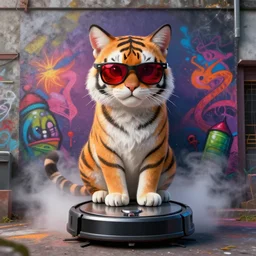 grafitti mural, cat sitting on top of roomba, cat wearing red - tinted sunglasses, fullbody portrait, tigerprint, volumetric lighting, mist