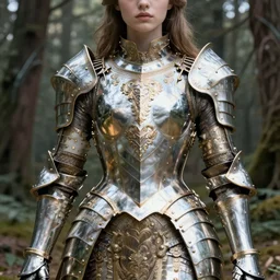 a masterpiece ultradetailed digital art of a beautiful girl in masterpiece armor. the face is cropped. baroque renaissance. in forest. medium shot, intricate, elegant, highly detailed. trending on artstation, by stanley artgerm lau, wlop, rossdraws, james jean, andrei riabovitchev, marc simonetti, yoshitaka amano. background by james jean and gustav klimt, light by julie bell, 4 k, porcelain skin.