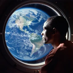 analogue photo of an African tribal man looking at planet earth from a spaceship porthole window, photography shot by martha cooper,