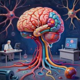 an extremely high quality hd surrealism painting of a 3 d perspective neon complimentary - colors cartoon surrealism melting sculpture gallery medical biological anatomical brains by a much more skilled version of kandinskypicasso and salvia dali the fourth, salvador dali's extremely talented painter cousin, 8 k, ultra realistic, very realistic, nerves, synapses, veins, arteries, dendrites, pre - synaptic cleft, neurons