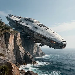 stunning landscape photography of a giant crashed alien attack ship next to a craggy ocean cliff. cinematic. stunning composition. alien technology