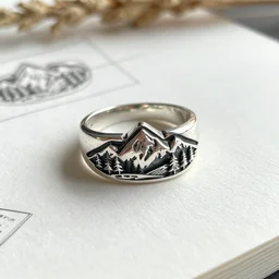 a silver ring design inspired on mountains and nature, bohemian style, sketch on paper