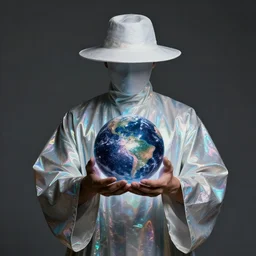 a man with a hat covering his face, he is where a robe made of iridescent material, in his hands is a sphere containing the universe, hyper realistic