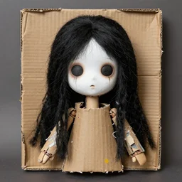 a doll with black hair and a white face, a character portrait by kano sanraku, cgsociety, mingei, creepypasta, made of trash, made of cardboard