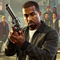 highly detailed portrait kanye west holding revolver! gta v stephen bliss unreal engine fantasy art by greg rutkowski loish rhads ferdinand knab makoto shinkai lois van baarle ilya kuvshinov rossdraws tom bagshaw global illumination radiant light detailed intricate environment
