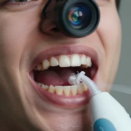 water flosser being used on teeth, close - up, high resolution photography, dslr, drone camera lens orbs, 3 point lighting, highly detailed, natural color scheme, photo still from movie by denis villeneuve