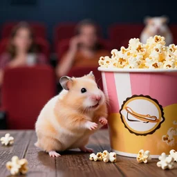 photo of a hamster standing next to a bucket of popcorn, in a cinema, various poses, unedited, soft light, sharp focus, 8 k