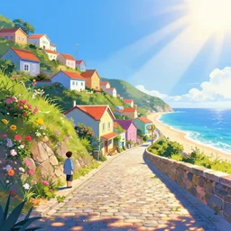 a lonely cobblestone street with flowers on a hill with colorful houses near the beach and the sea, brightly illuminated by rays of sun, artstation, colorful sylvain sarrailh illustration, day of the tentacle style