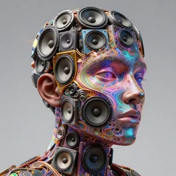 highly detailed surreal vfx portrait of a 3 d human head made of stacks of recursive speakers. polyphonic prismatic joy & ecstasy, vibrant vibrations, pulse projections, sonic love, ornate, hyperrealistic, octane render, inspired by james jean, okuda sam miguel, android jones, beeple, rhads, alphonse mucha, frostbite 3 engine