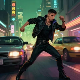 cyberpunk dodging a moving car, highly detailed, in the style of greg rutkowski