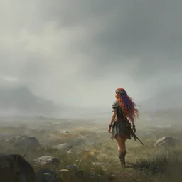 beautiful digital art of the distant lands with wandering barbarian queen, colourful long hair, travelling through misty planes, intricate details, detailed face, lonely, short dress, artstation, epic pose, cinematic light, view from the distance, by rembrandt, artgerm, marco bucci