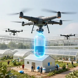 hologram, capsule, supplies, distribution, vertical, housing, market, greenhouse, migrants, big drones