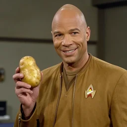 Captain Picard smiling while holding a potato, internet meme