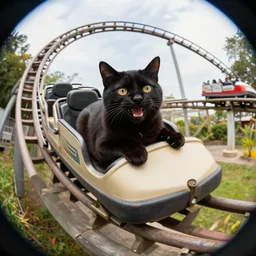 happy black cat on a rollercoaster looping. focus on the cat. sunlight. fish eye lens canon eos r 3, f / 1. 4, iso 2 0 0, 1 / 4 0 s, 8 k, raw.