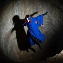 person falling into abyss dynamic shadows with abstract face makeup long blue cloak black gloves blue red light mullet gottfried helnwein - w 1 0 2 4