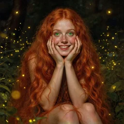 infp young woman, smiling amazed, golden fireflies lights, sitting in the midst of nature fully covered, long loose red hair, intricate linework, bright accurate green eyes, small nose with freckles, oval shape face, realistic, expressive emotions, dramatic lights spiritual scene, hyper realistic ultrafine art by caravaggio, michael cheval, jessica rossier, boris vallejo