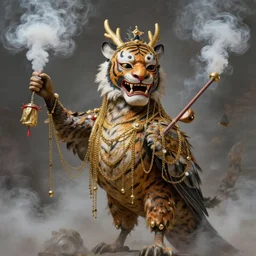 masterful fantastic realist painting an exotic ancient feathered and bejeweled bird wearing an exquisitely painted bugaku mask of a tiger, gold chains strung like tinsel, digital painting trending on artstation, viciously blinded, chinese dragon kite, swinging holy censors with thick smoke, volumetric lighting and mist, cosplay, 3 / 4 portrait painting, hyperrealistic, octane render