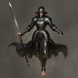 dnd art, female vampire warrior, no shoes, barefoot, exposed toes, nail polish, black full plate armor, historical armor, realistic armor, muscular, covered chest, full body portrait, carnival mask, giant two - handed sword dripping blood, flying, grinning, realistic.