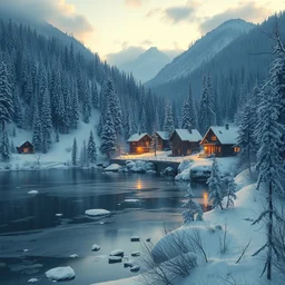 snowy cozy mountain village by a small frozen lake in a forrest in canadian mountains in the evening sun, iceicles, by philippe gare, artstation, greg rutkowski
