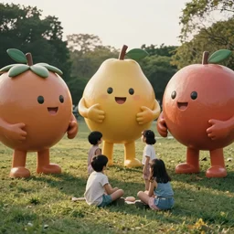 1990s candid photo of a beautiful day at the park, cinematic lighting, cinematic look, golden hour, large personified fruit people, Enormous fruit people with friendly faces and hands, kids talking to fruit people, did I mention the fruit people enough? UHD