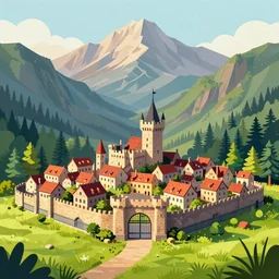 digital painting of a small castle town closed off by large metal gate, border, behind a forest, large mountains in back, vector art, low angle, high detail, warm lighting, volumetric, godrays, vivid, beautiful, trending on artstation, by Jordan grimmer, no focus, huge scene, grass