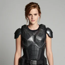 Photo of Emma Watson wearing body armor, soft studio lighting, photo taken by Martin Schoeller for Abercrombie and Fitch, award-winning photograph, 24mm f/1.4