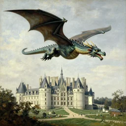 A dragon is flying above a castle by Gustave Courbet
