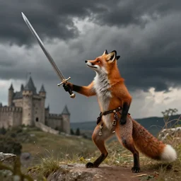 anthropomorphic fox!! who is a me - dieval knight holding a swo - rd towards a stormy thundercloud [ 1 9 3 0 s film still ], ( castle in the background )