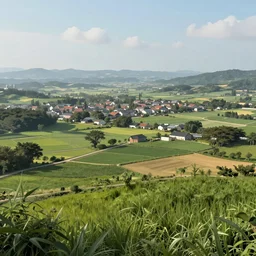 Landscape concept art of countryside with a town in the distance. Digital art, Detailed, realistic, UHD