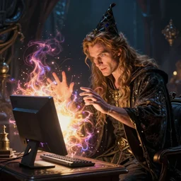 a wizard destroys his computer with magical energy, by david mattingly, layout inspired by stock photos.