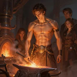 stunning smith man, thin, muscular, furnace, iron, fantasy, intricate, elegant, highly detailed, digital painting, artstation, concept art, smooth, sharp focus, illustration, art by afshar petros and krenz cushart and artem demura and alex alice and tony sandoval