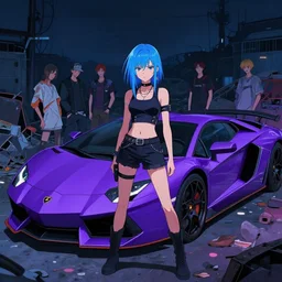 digital illustration of cyberpunk pretty girl with blue hair, standing in front of a purple lamborghini, in junkyard at night, by makoto shinkai, ilya kuvshinov, lois van baarle, rossdraws, basquiat