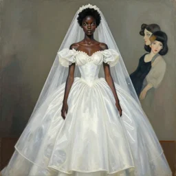 a copic maker art nouveau dystopian portrait of a black beautiful girl detailed features wearing a latex wedding dress with a puffy skirt designed by balenciaga by john berkey, norman rockwell akihiko yoshida