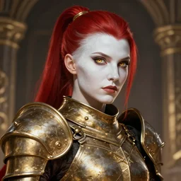portrait of beautiful paladin lady in the temple, detailed face, heavy brass armor, red ponytail, white skin, golden eyes, high fantasy, dnd, extremely detailed, smooth, sharp focus, digital illustration, by zeronis, rossdraws, artgerm