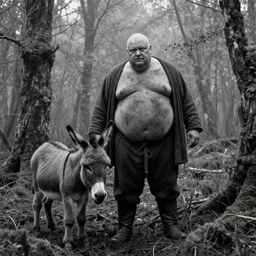 a movie still by tarkovsky of one profil giant obese old bald man in dirty medieval clothes with one tiny donkey in a swamp mossy forest, cinestill 8 0 0 t 3 5 mm b & w, heavy grain, high quality, noir, natural textures, photorealistic, ambient occlusion, hd, mud, fog, criterion collection, by sebastao salgado
