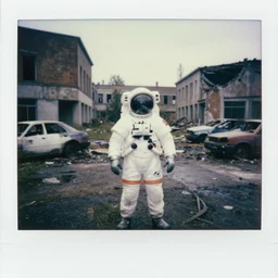 very sad american white spacesuit astronaut in postapocalyptic abandoned destroyed legnica centre, wrecked buildings, destroyed flipped wrecked cars, polaroid photo, vintage, neutral colors, rainy day, by gregory crewdson