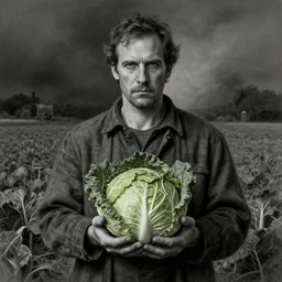 a portrait of john oliver holding a cabbage, farm, stoic, fantasy, intricate, elegant, beautiful, highly detailed, charcoal, centered, dark, smokey, digital painting, artstation, concept art, smooth, sharp focus, illustration, art by artgerm and greg rutkowski and alphonse mucha