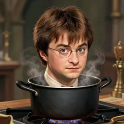 harry potter head in a cooking pot, digital illustration, in the style of greg rutkowski, highly detailed