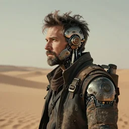 a rugged mid aged engineer man with cybernetic enhancements and funky hair lost in the desert, short beard, scifi character portrait by greg rutkowski, esuthio, craig mullins, green eyes, 1 / 4 headshot, cinematic lighting, dystopian scifi gear, gloomy, profile picture, mechanical, half robot, implants, steampunk