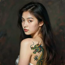 a Portrait of a beautiful Chinese girl with a tattoo of a dragon on her back by Norman Rockwell