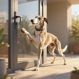 goofy greyhound slamming into glass door, photorealistic, unreal engine, realistic lighting, dynamic shadows, golden hour, artstation, 4 k