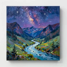 Realist colorful impasto painting of the Salmon River mountain valley at midnight by John Harris, stars and nebulae in the inky black sky reflect on the darkest blue river surface, 4k scan, very beautiful, oil on canvas, diagonal brushstrokes