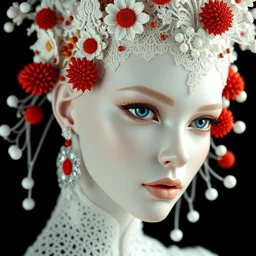 complex 3 d render hyper detailed ultra sharp beautiful sophisticated elegant female portrait, close - up, futuristic biomechanical, smooth porcelain ivory fair face, iris van herpen white daisies red corals headdress filigree lace haute couture headdress with rhizomorph finials spires, brackets, fractal colorful puffballs, octane render, 8 k