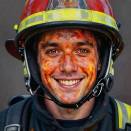 a hyper realistic painting of a young fire - man, all face covered with a fire, coherent symmetrical eyes, cunning smile, by jeffrey smith, by andrea kowch, by steve henderson, masterpiece, trending on artstation, sharp, details, hyper - detailed, hd, hdr, 4 k, 8 k