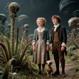 detailed, sharp, a girl and a boy standing next to some strange wild alien plants, looking happy, wearing 1740s era clothes, their small pet tiny alien creature is standing nearby, in a park on a strange alien planet, extremely highly detailed, in focus faces, 70mm still from a classic period sci fi color blockbuster movie, 4k, 35mm macro lens, high quality lighting, sharp focus