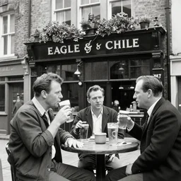 3 5 mm photograph of english back alley rough spaz hammond having a pint in the eagle and chile pub, oxford 1 9 7 7