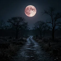 path to a blood moon, horror, eerie, cinematic, ominous atmosphere, photorealistic