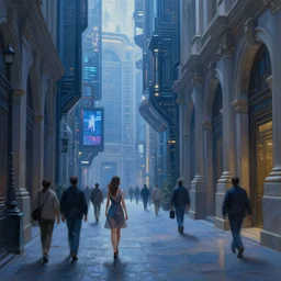 hyperrealistic and beautiful painting of an alley way within a grand city, wanderers traveling from afar, woman in a dress walking, classical architecture, technological lights, screens, cyberpunk style, 8 k resolution, by hugh ferris and john smith, polished, fine detail, intricate, blue color scheme, cyberpunk style, smooth, octane, concept art, trending on artstation